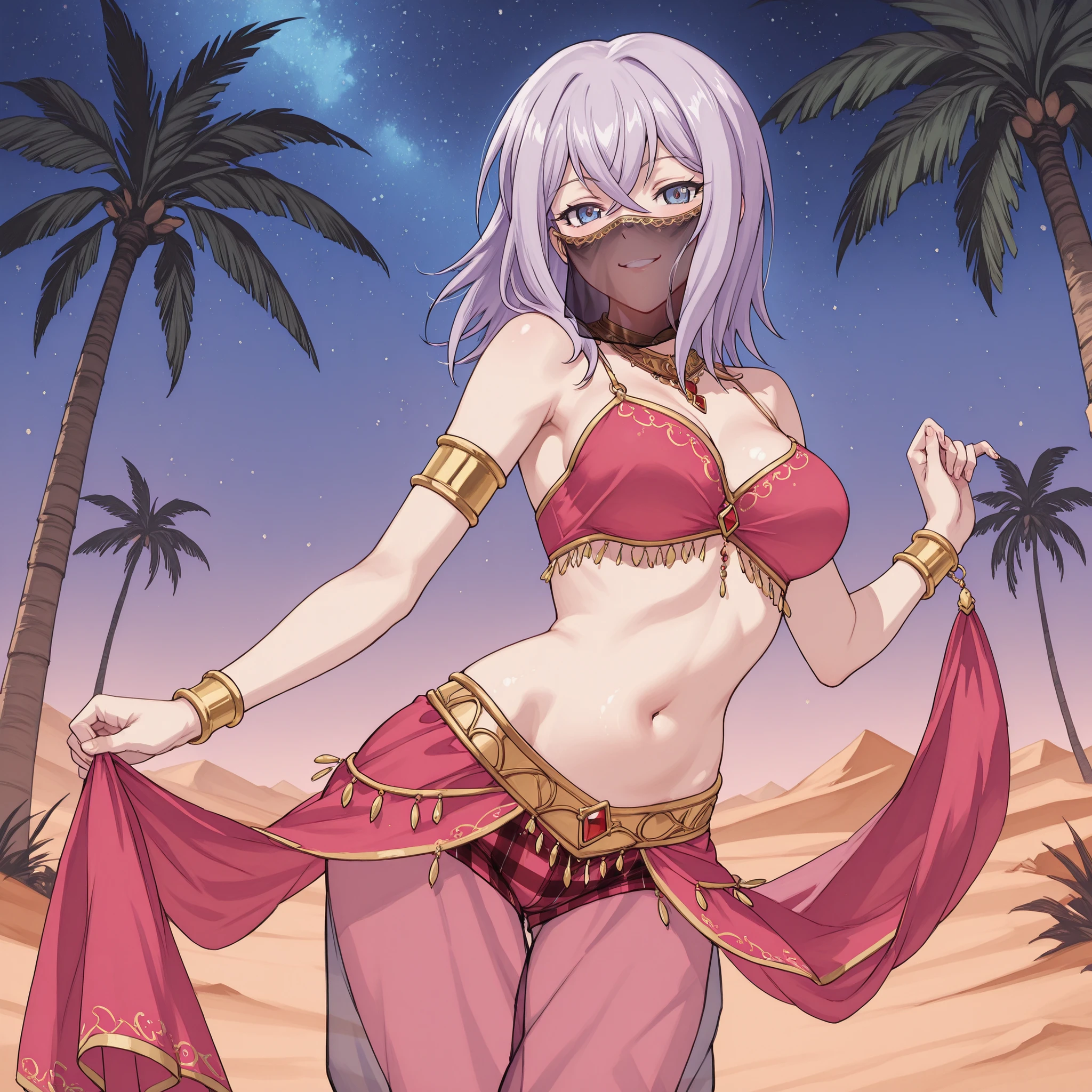 1girl:1 . 5) , (Seul:1 . 5) , score_9 , score_8_haut , score_7_haut , source_anime , Official work , ultra-detailed , masterpiece , best quality plaid shorts , high res , beaux yeux , detailed eyes , Detailed Face , beautiful detailed eyes ,Cardfight Vanguard, Tokura Misaki, Arabian Clothes , Arabian Dancer ,belly dancer costume , face veil, veil , golden jewelery,harem outfit, harem skirt, harem pants, Transparent pants, belly dancing, harem veil , night , desert landscapse, palm tree , seductive smile, dancing with veil, dynamic movement, sexy pose