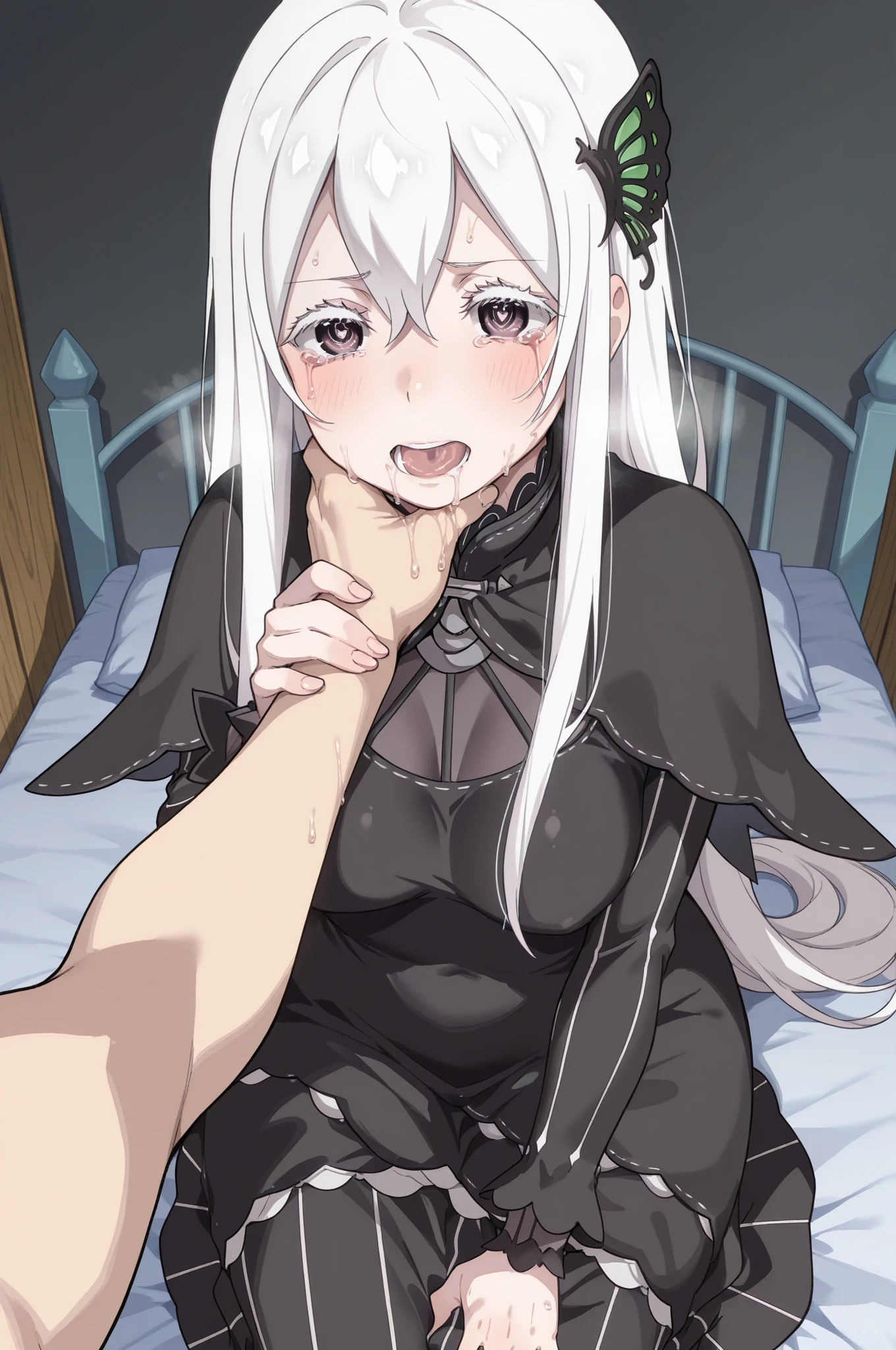 1man, 1girl, long hair, white hair, Big lips, Thin eyebrows, Thin body, drooping eyes, Blushing,  arousal, , Men, for two, Covered, penetration, , Toned, Slender legs、darkened room, femboy, hot, , tongue out, , sweaty, saliva, crying, scared, overwhelmed, bondage, lingerie,  on ,  explosion, , white sticky goo, , pink , woman