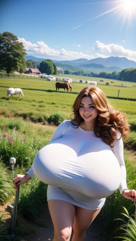 (masterpiece:1.4),, (best quality:1.4),, ultra-high res,, 8K, CG,, (extremely delicate and beautiful:1.2),, , upper body,, from side,, looking at viewer,, , 1girl, (gigantic breasts:1.2) pink puffy nipples, sagging breasts, (Extremely thin and slender lower body:1.1),(The legs are very slender and thin:1.25) fashi-girl,, mature girl,, , cute, sweet,, , in the wheat field,, blurry background,, , long brown hair,, ponytail hair,, , brown eyes,, closed mouth,, red lips,, , face brushed by the wind,, , white dress,, medium breasts,
