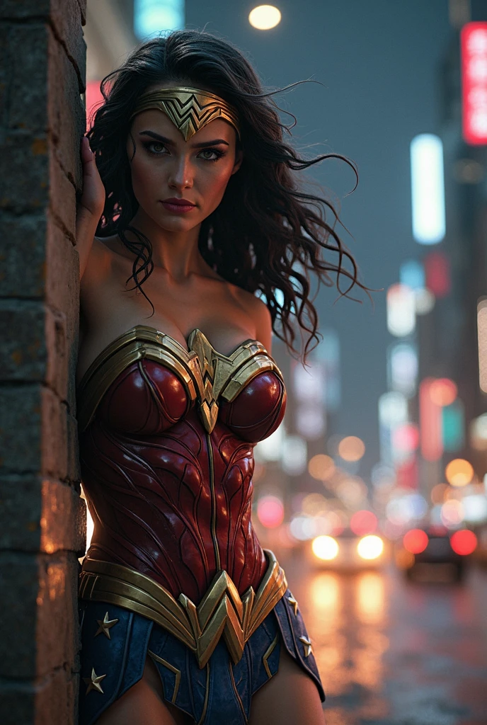 A Masterpiece, 4k, Hyperdetailed, photorealistic, beautiful 28 year old woman, Gal Gadot as Wonder woman, Wonder woman costume, half-smile, exquisite facial features, exposed breasts, visible , exposed legs, exposed body, exposed vagina, visible pussy, sexy, perfect body, slender body, nsfw, naked body, naked, crouching on the rooftop of a tall building, crouching, on the rooftop of a tall building, night time, dark metropolis at night in background, low-angle shot, worm's-eye view, perfect lighting, beautiful woman, detailed body, using Wonder woman cosplay, detailed Wonder woman emblem, 1girl, solo, panorama, Nikon, masterpiece, super detail, award winning, 16k, textured skin, highly detailed skin, realistic skin details, beautiful sexy face, visible pores, sharp focus, volumetric fog, 8k uhd, DSLR, high quality, film grain, fair skin, photo realism, full-length portrait
