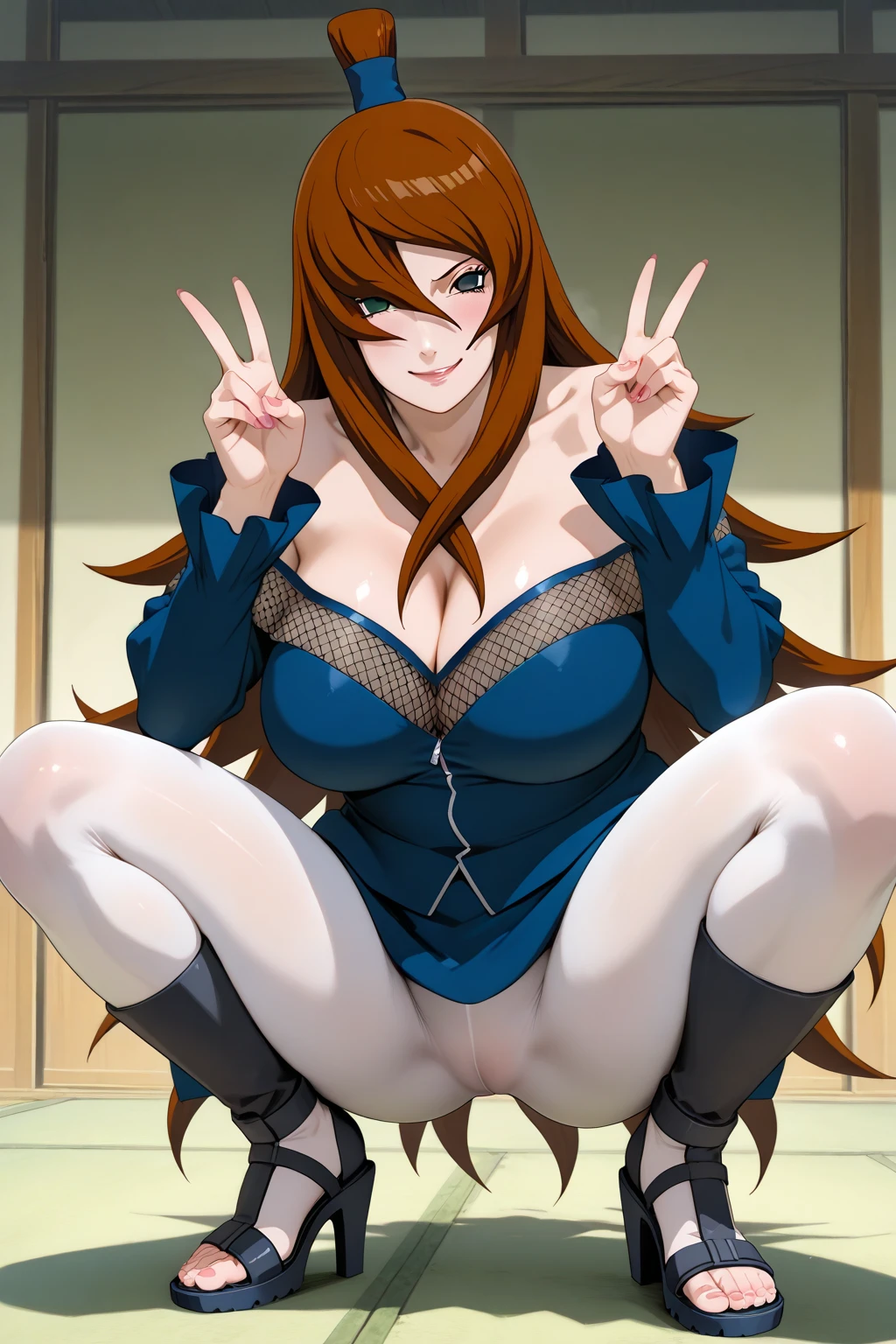 best quality, masterpiece, high quality, insanely detailed, ichika nakano, one-piece swimsuit, breasts, pantyhose, blush, smile, leg spread, nipple, pussy