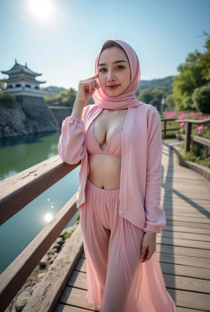mira filzah squating and laughing, wearing pastel pink panties in nighttime city, (mira filzah:1.3), wearing hijab, pastel color hijab, pink , small tits, small breast, flat chest, bright lighting,