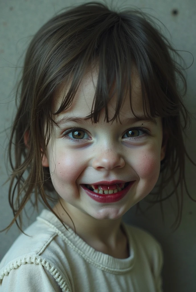 A four-year-old red-haired girl, with short curly hair and green eyes, language, uvula