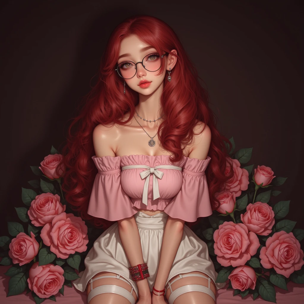 Sexy woman, eyes closed, mouth open, very deep blush, tip of the nose is red, long neck, off shoulder pink sweater, medium chest, visible cleavage, bedroom, warm lighting ,in bed