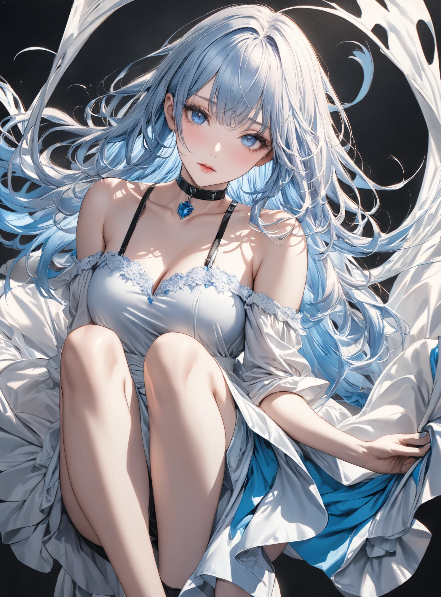 ((Highest quality)), ((masterpiece)), ((Very detailed)), (Very mature),A cute high school girl with a gentle look, white hair and about 165cm tall.,A female high school student with big breasts and a cute smile wearing a transparent black waifus with a cute patterned hood that shows off her shoulders, 顔が若干縦方向に長いbright笑顔の女性,Small Faced Woman,alone, Cute attitude,(background(bright),Long Hair - Straight,Knee-high socks、A transparent white veil with a cute pattern and a hood with white off-the-shoulders,White wall、Sitting、Facing the viewer、縁に模様がある壁が1面のbackground