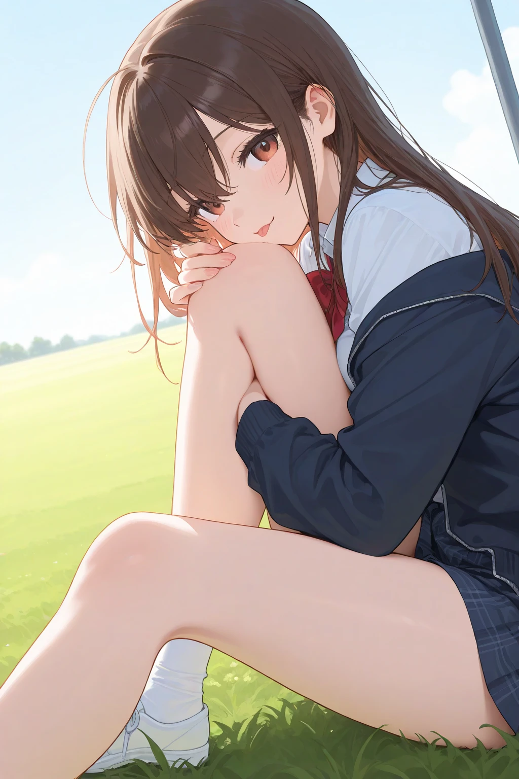ultra-detailliert, hight resolution, (Realistic, Photorealistic: 1.4), 8K, Raw photo, (masutepiece), (Best Quality), physically-based renderingt, Female college student, long brown hair, Korea, Beach, Unbuttoning socks and looking at them_white_Shirt