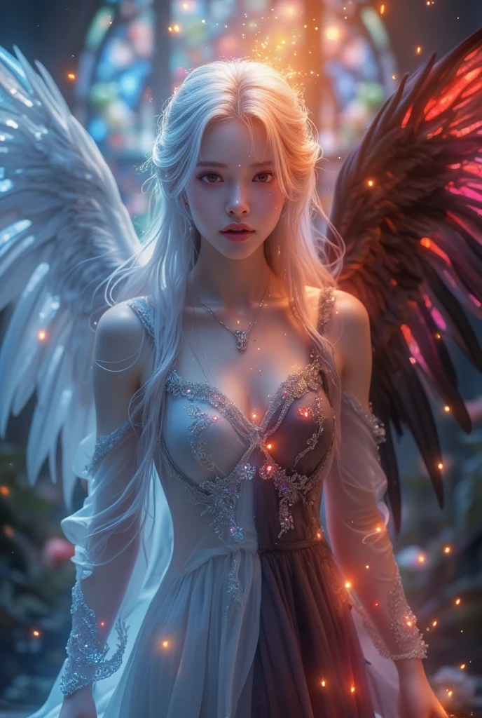 Angel of the universe, Glowing Eyes, Biomechanical, Creepy, Spooky, Nightmare, Very bright color, Particles of light, The light shines, Musif, Wallpaper Art, UHD Wallpaper,(White Snake),Super fine,Ultra HD,8K,