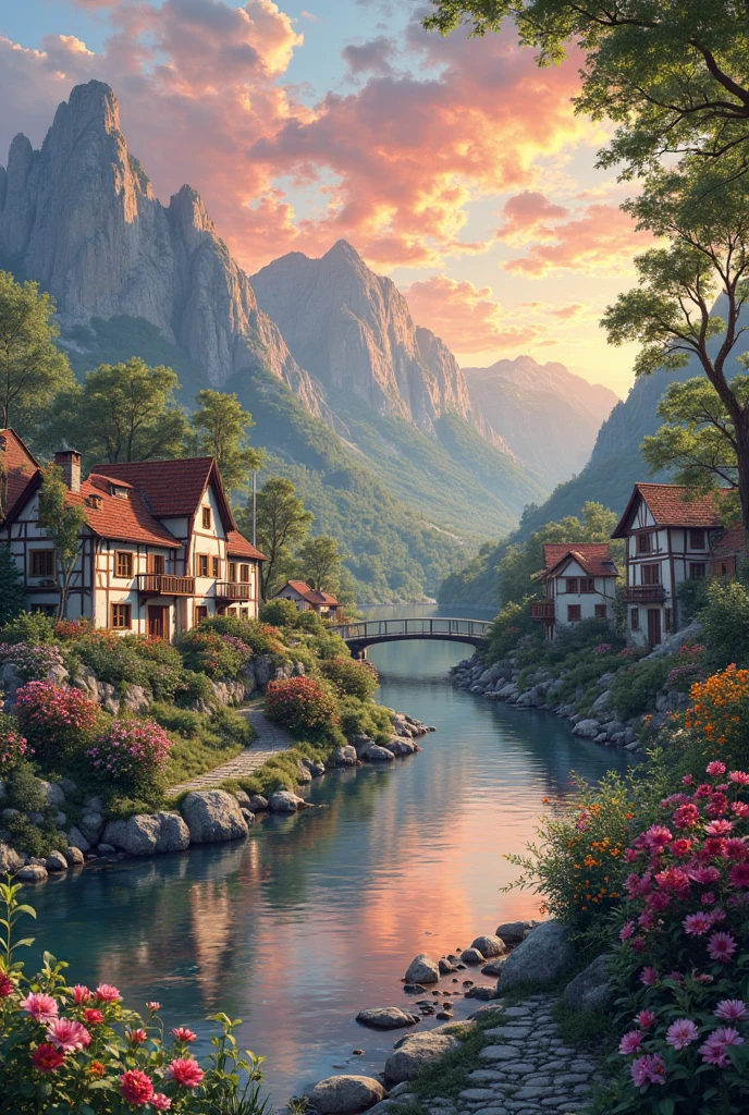 a small village by the river, mountains in the background, floral flowers colorful, detailed landscape, Beautiful natural landscapes, atmospheric lighting, scorching sunset, warm colours, practical, photopractical, Detailed Foliage, complex buildings, cobblestone street, Charming country house, swirly vibrant colors, lush vegetation, Still water reflections, Picturesque, idyllic, work of art, best qualityer, 8k, extremely detaild,anime styling