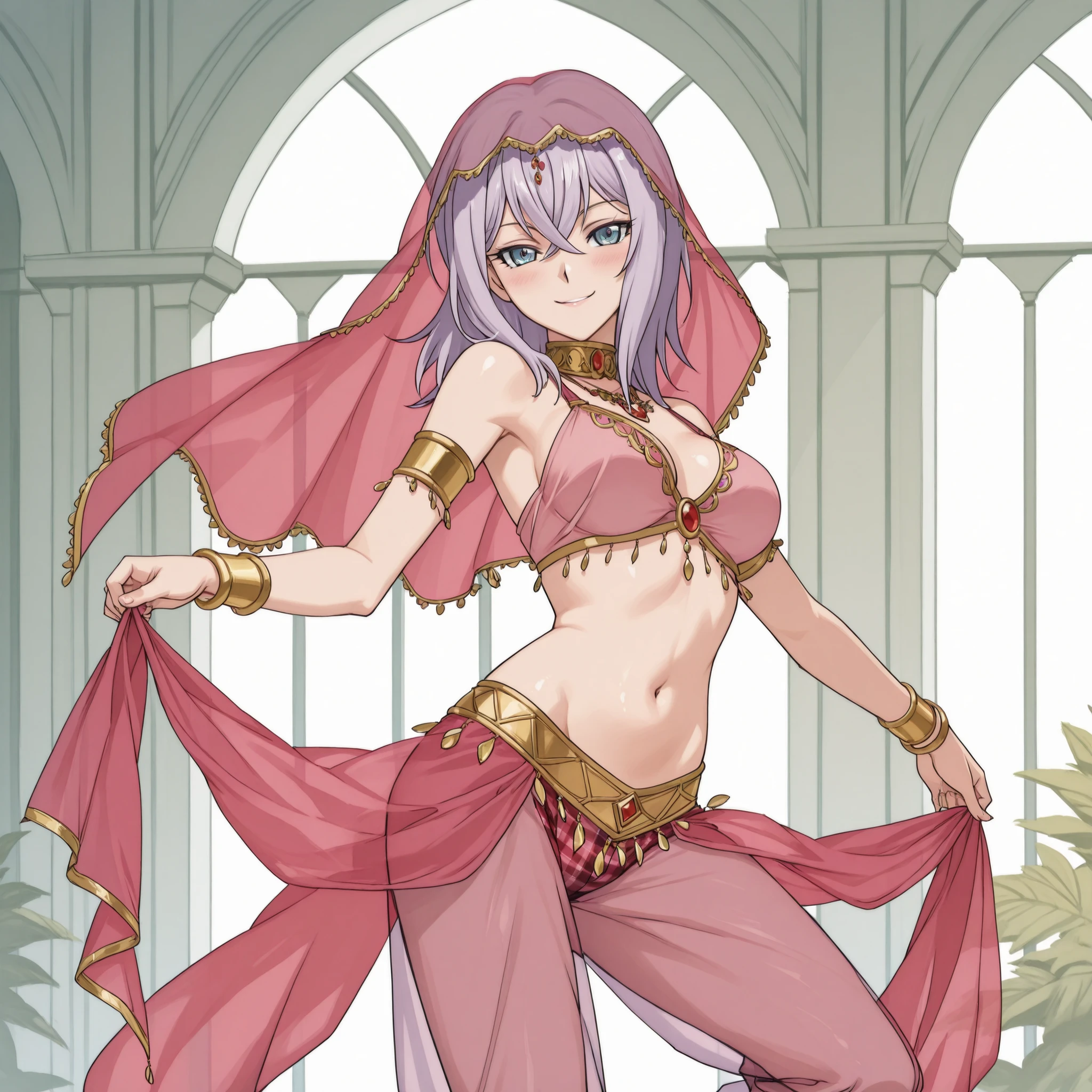 A smug narcissistic pink haired goddess wearing a pink bra and golden pants and lots of jewelry flaunting herself