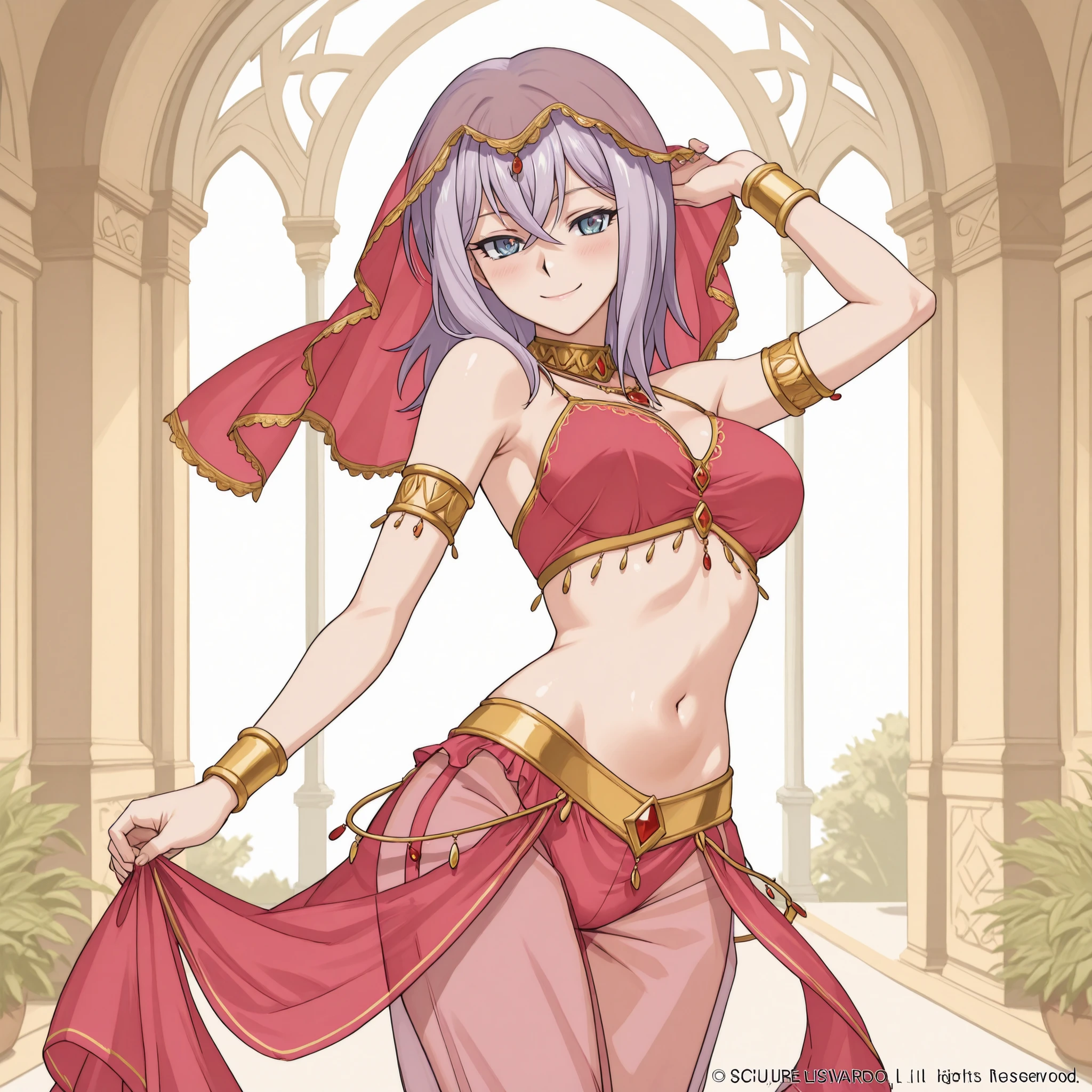 shikimori, medium breast, slim legs, blue gown, navel, skirt, standing, beautiful eyes, blue eyes, happy, arabian belly dancer, stage, thigh high socks