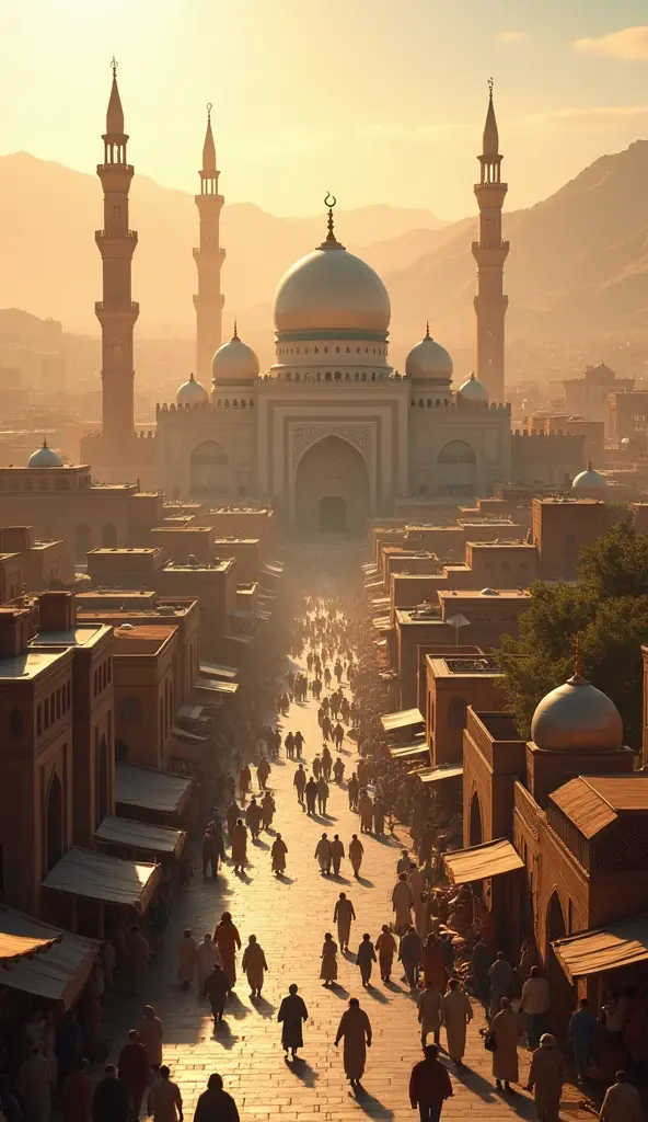 a detailed cityscape of an ancient Babylon city with a large bus station, intricate architecture with golden domes and minarets, bustling crowds of people, ornate details, glowing lights, warm hues, cinematic composition, (best quality,4k,8k,highres,masterpiece:1.2),ultra-detailed,(realistic,photorealistic,photo-realistic:1.37),detailed city, highly detailed, intricate details, ornate architecture, golden domes, minarets, bustling crowds, warm lighting, cinematic perspective, detailed transportation, detailed people