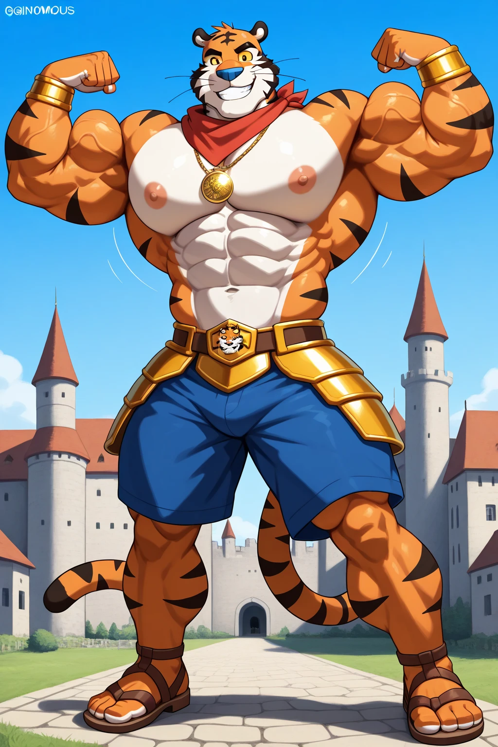 solo male, muscular body, ((fat pecs, massive pecs, bulging pecs, saggy pecs, round pecs)), tiger knight, standing under the stars, fantasy background with castle in the distance, facing viewer, head tilted to the side, beautiful sunset sky, wearing tunic, tiger furry character, small waist, detailed bulge, bulging loincloth, abs, abs, abs, flat stomach, muscular 