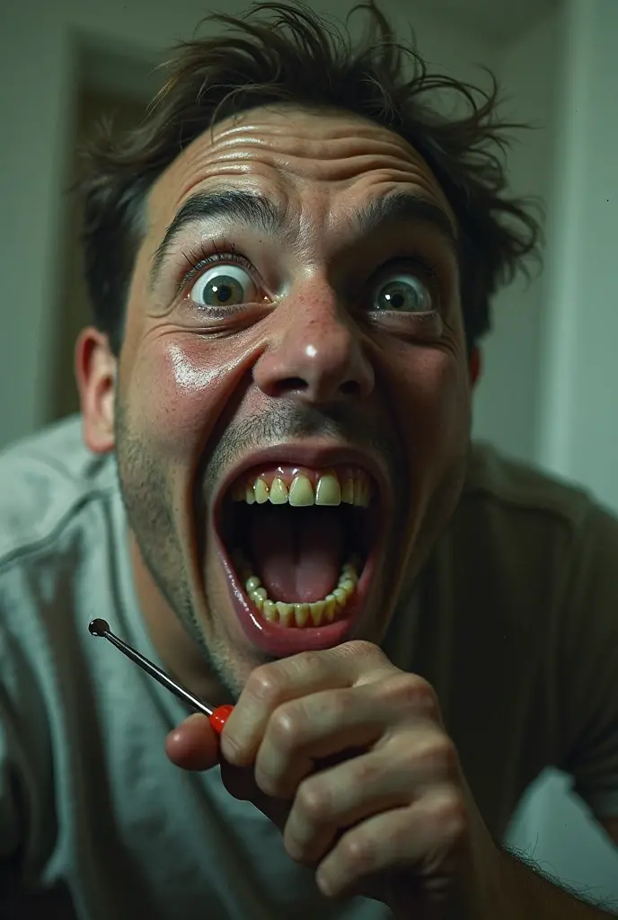 A 50-year-old man with a dirty unkempt beard and very crooked, Splintered, rotten teeth sitting in dental chair in dental office with mouth open, looks directly into the camera, foto realista
