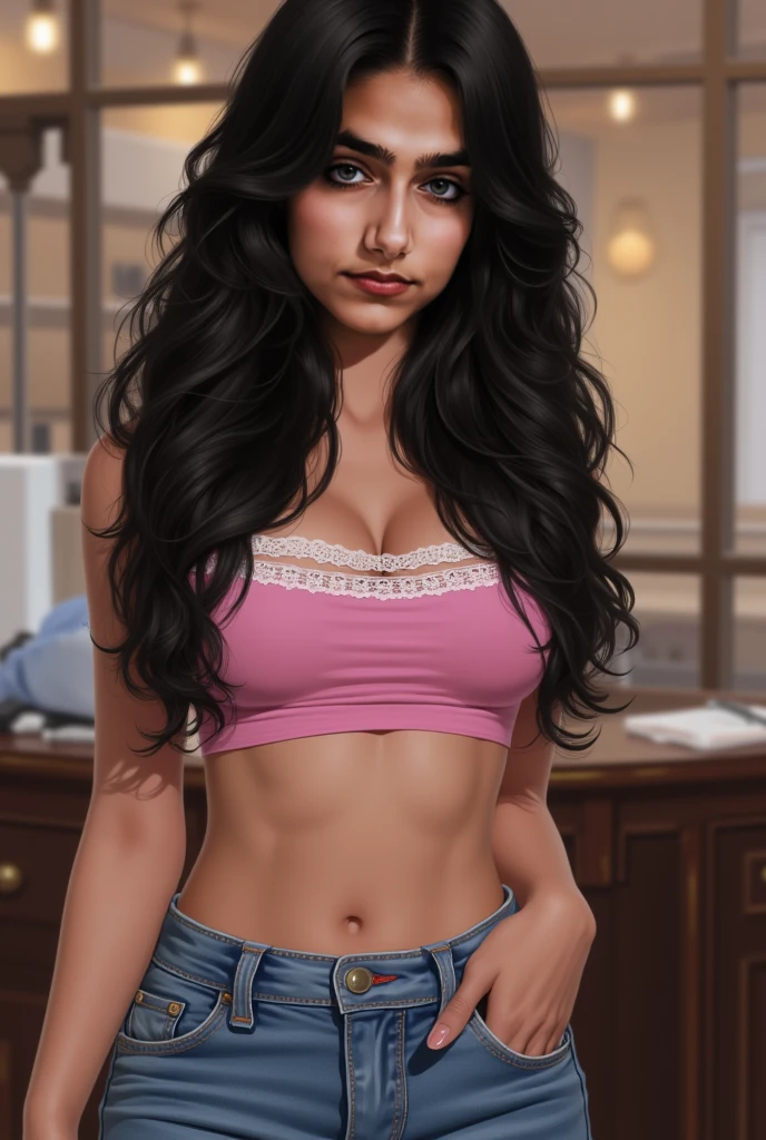 Hot girl with makeup, brown curly hair, big breasts, lots of mascara, longest lashes in the world, red lips, lots of makeup, perfect body, shiny legs, black bra and tan panties, detailed face, longest blackest lashes, detailed eyeshadow, sexy, applying lash makeup