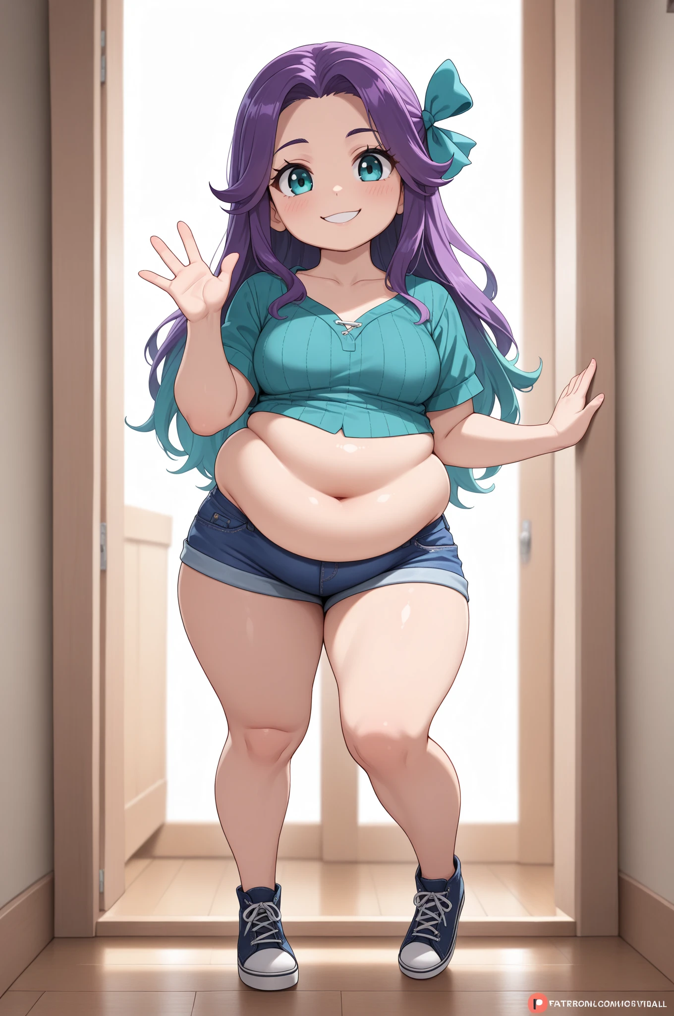 full body, standing, barefoot, thicc, very big breasts, pregnant, long hair, sports bra, very thight shorts, glasses