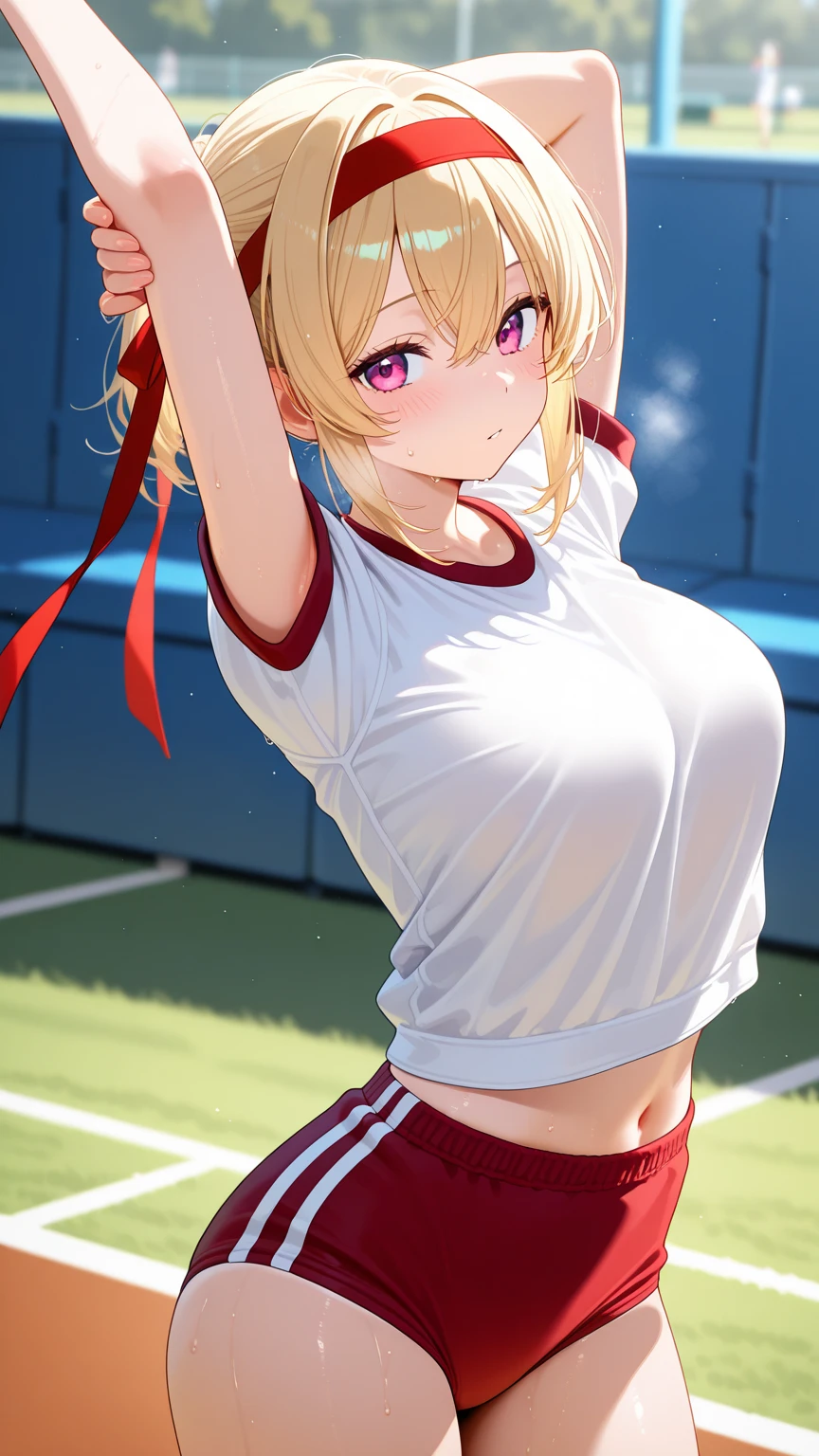 (RED Ribbon on HAIRband:1.2),nsfw, 1girl, (7yo :1.4), (high school studen), (Blonde hair), (spread legs, sitthing, leaning forward), ((tennis uniform)), (take off clothes), ((((see through)), pink bra, panty shot)), (sweat), tennis court