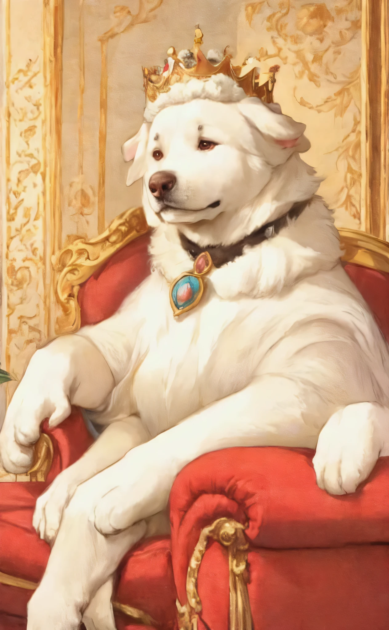 Great Pyrenees wearing a crown sitting on the couch,   royal portrait painting , Dog in aristocrat costume,,beautiful animal Pearl Queen, Masterpiece Portrait, 