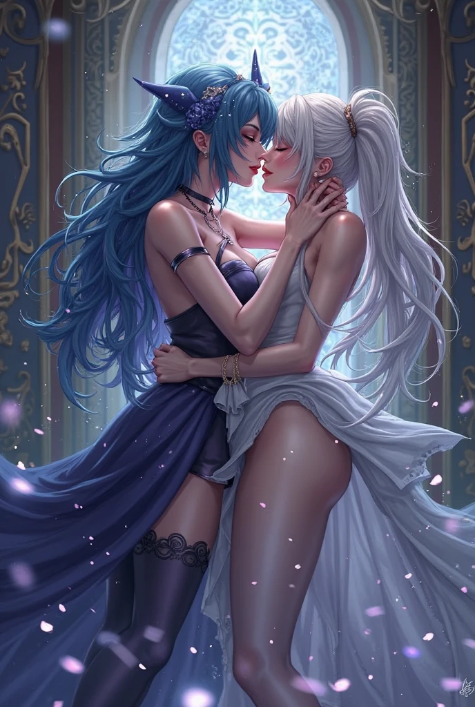 two mermaids, masterpiece, high quality, sharp focus, perfect face, perfect jawline, textured skin, beautiful lips, sunbeams, warm lighting, cool atmosphere, 8k, uhd, absurdres, Dynamic hair, Long straight hair, Delicate platinum-pink hair, two beautiful women, with detailed pretty faces with pastel colored eyes, who are mermaids with white-colored fishtails with fish scales, pastel-colored mermaid tails, perfect lower body tail (fish), fish-like lower bodies, slim upper bodies, extravagant fins on tails, scaly fishtails, each girl has different hair colors, black and white colored long curly hairs, passionately making out in a bed with white sheets, stripping each other's clothes off, very sexy, pleasured while rubbing their hands on each other, kissing lustfully while blushing and embarrassed, dripping saliva from their tongue and lips, with messy and see-through wet clothes, breast curtains, porcelain dress, areola transparent slip dress, blushing in an intimate moment, cuddling with each other, stimulating each other's nipples, licking boobs, laying on top of each other, shimmering white, full body view, pure white, elegant white, detailed drawing, extremely detailed drawing.