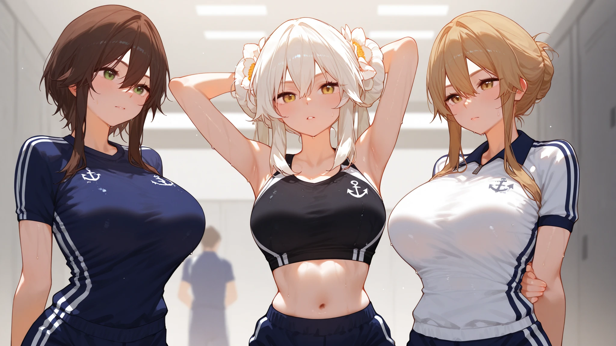 girls,Bikini,breastsless,schoolswimsuit,masterpiece, best quality, very aesthetic, absurdres,(straight-on),adult,woman,upper body,light gold hair,(White hair),(Attractive face),(lineup)