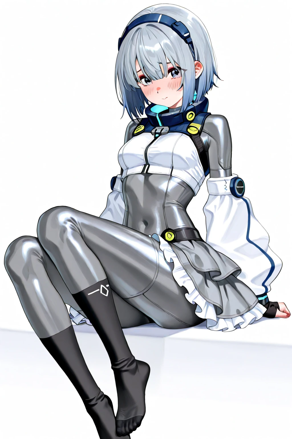 masterpiece, Score_9, Score_8_up, Score_7_up, front view, 1 woman, alone, dark blue hair, long hair, long hair tied into a neat high ponytail, with a few strands of hair hanging down naturally on the side of her face, blue eyes, beautiful eyes , detailed eyes, narrowed eyes, flat mouth, calm expression, smooth skin, medium breasts, short gray jacket with loose hood, sleeveless jacket, short jacket showing midriff, black shorts, black socks, thighs, gloves black with iron beads, best quality, white shoes.