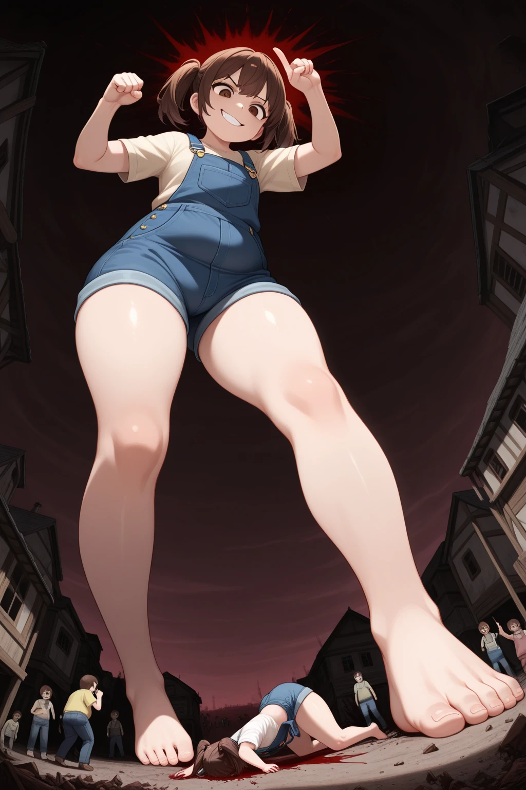 1 girl,Blushing,embarrased, sitting, (((female giant))),Giantess art, Giantess, The girl is 50 meters tall,((Full body shot)), ((Cute anime girl)), ((Cute school girl)), ((One piece blue swimsuit)), ((Tight Swimsuit)), ((cameltoe)), 1 anime girl, ((Straight brown hair)), sitting in the middle of a modern miniature city, towering over buildings, ((Leaning forward)), ((looking to viewer)), ((front footage)), ((large breasts)), ((perfect legs)), ((thick thighs)), squatting over modern miniature city,in the middle of a tiny miniature city, a girl taller than buildings, sitting between buildings, ((tiny people under her))