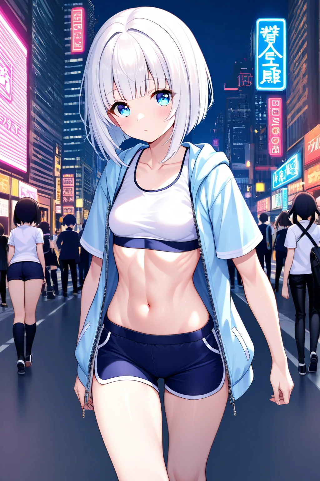 Masterpiece, top quality, best quality, official art, beautiful and aesthetic, anime, 1girl,extremely detailed, colorful, more detailed ((ultra-detailed)), (highly detailed CG illustration),Best Quality, High resolution, Unity 8k Wallpaper, (Illustration:0.8), (Beautiful detailed eyes:1.6), extra detailed face, Perfect Lighting, extremely details CG, (Perfect hands, Perfect Anatomy), blue short hair,cap,hairpin,blue eyes, white top, sport shorts,short shorts,skinny fit, small breast, in middle,street, night, city, from behind, bend over,wet.