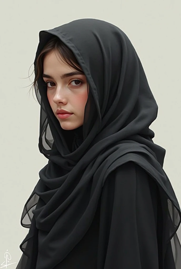 hyper realist), (illustration), (high resolution), (8k), (extremely detaild), (best illustration), mic , Kale, Kaledes, hijab pashmina, preto sweater