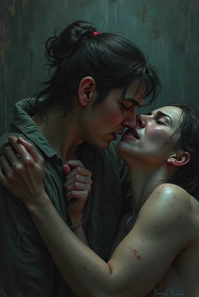(masterpiece, best quality), 1girl and 1 man, claireredfield2, wear black underwears, kiss the man , girl back, the man is pressing girl against the wall indoors