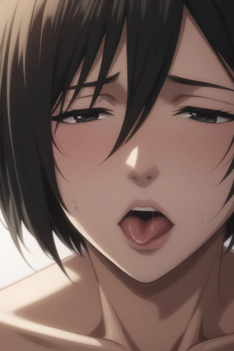 (best quality:1.3), (4k quality), Mikasa, ((Detailed face)), (blush), Mikasa, black short hair, grey eyes, ((detailed face)), perfect face, highly detailed eyes, masterpiece, absurdres , (intricate details), (colorful),cinematic lighting,extremely detailed CG unity 8k wallpaper , 1girl, solo,mature female, looking at viewer, wet body, erected tits, perfect erected small nipples, bedroom, harness, she is putting erected penis in her mouth in bed(((blowjob)))(((her hands holding penis))) closed eyes, (((perfect detailed penis))) (((penis is cumming)))