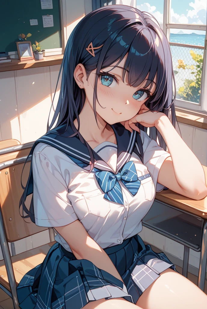 (8k、Best image quality、highest quality、masterpiece)、Detailed face、One girl、Black Hair、Long Hair、twintails、Grey Eyes、evil smile、((Grin))、Moderate breasts、((serafuku))、Short sleeve、((light blue panties)、Cowboy Shot、Locker Room Background