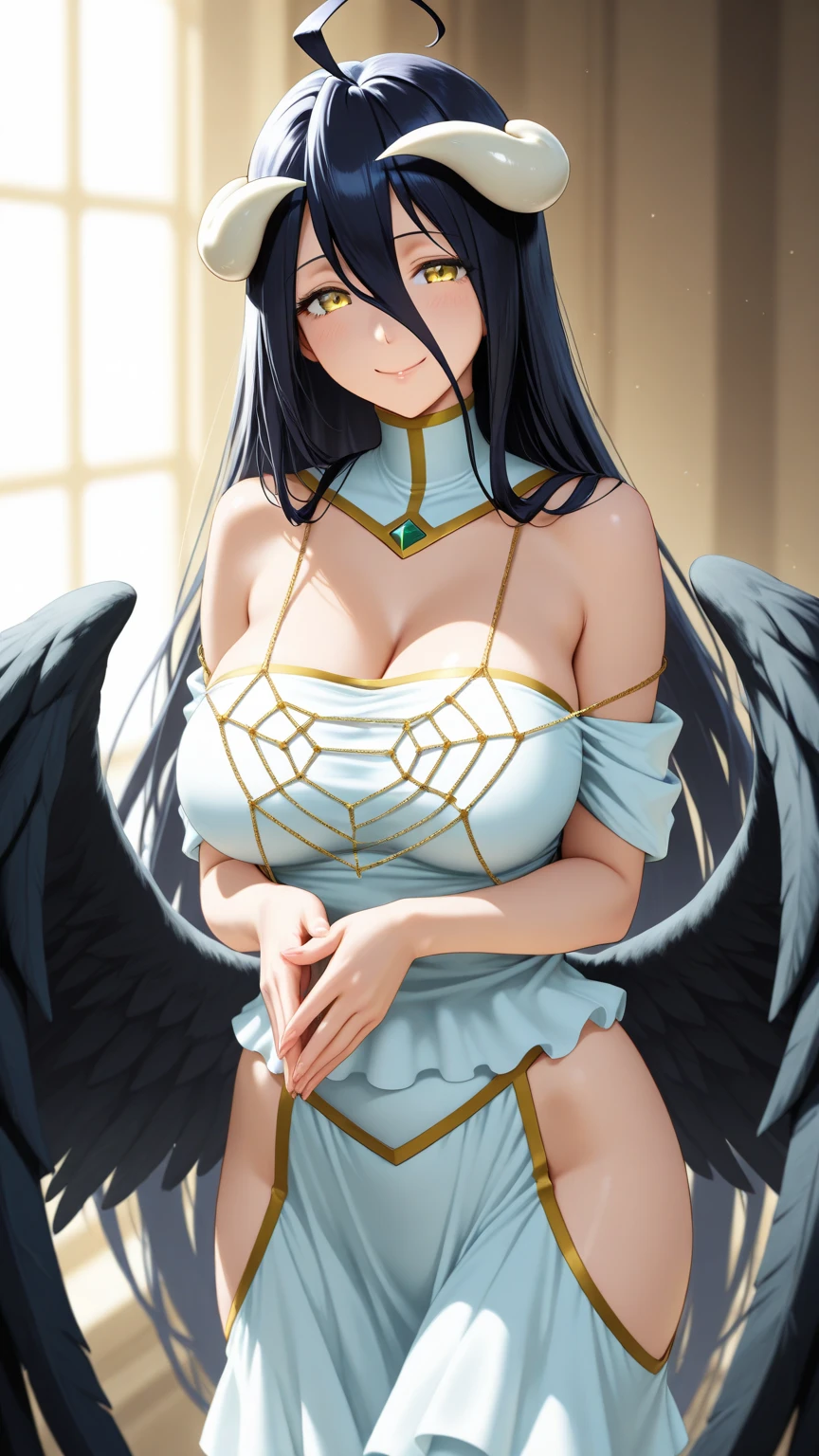 Black hair, blue eyes, sexy, large breasts, beautiful body, bed, angel wings, smile