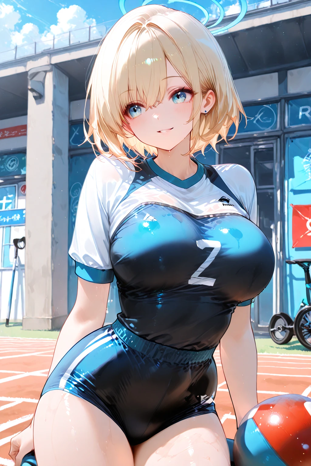 mangamichirum, 1girl, blond hair, short hair, medium breast, (shiny black bodysuit, long sleeve), (white baseball uniform, open uniform), upper body, looking at view, masterpiece, high resolution, best quality, anime colored, 8k, photorealistic