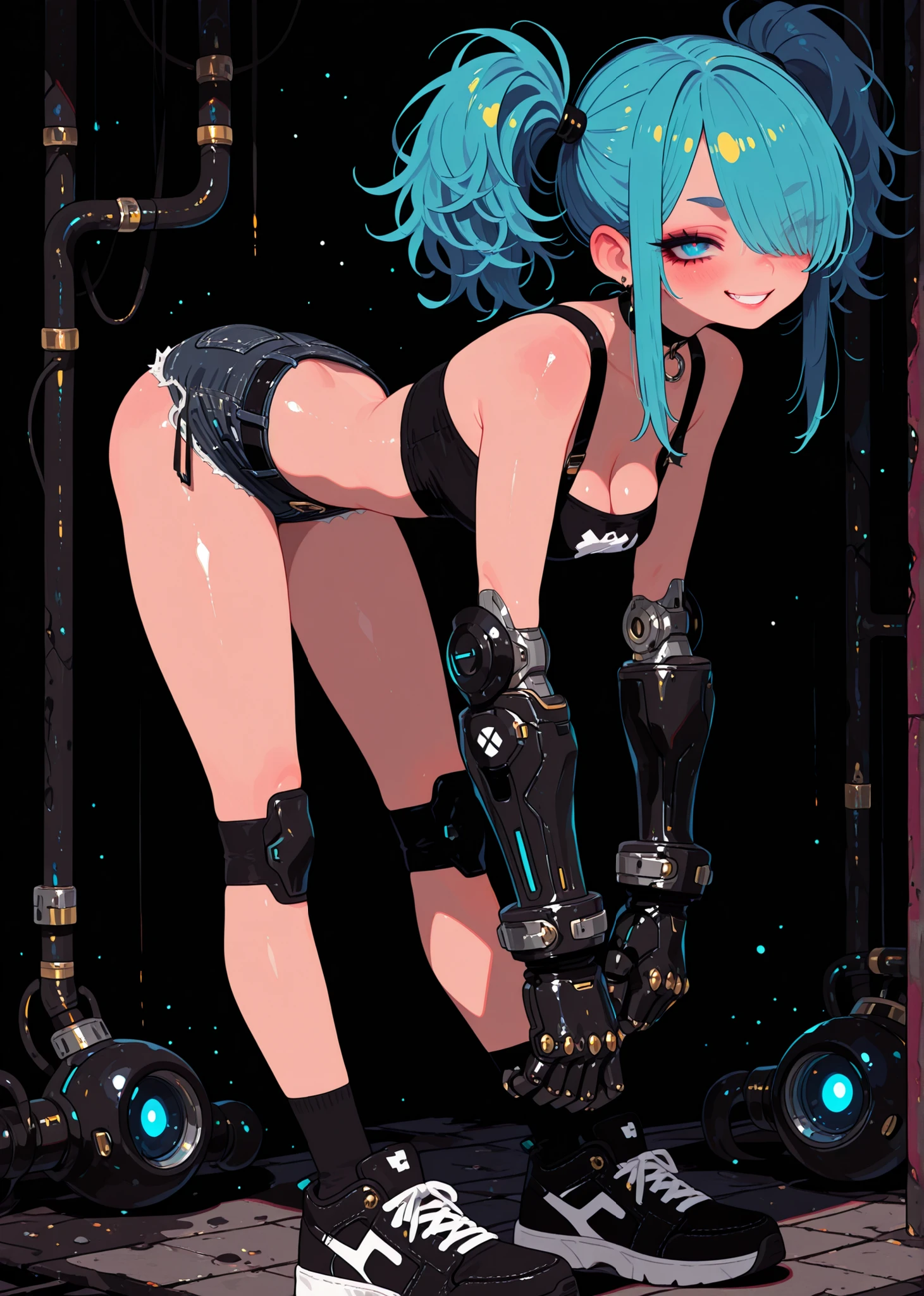 (adpx:1.2), (masterpiece:1.35), (very aesthetic, best quality:1.3), highly detailed, dark environment, backlit, absurdres, hyperdetailed, addmicrodetails, flat anime artstyle, (no lineart), detailed shading and shadows, solo, intricate design, cyborg, mechanical details, robotic details, matte black, shiny pink, futuristic, cyberpunk, (from side),



Dark background, neon, geometric pattern background, colorful, chromatic aberration, sharp detail, black light particles, 

1girl, young woman, bratty, punk, flawless skin, perfect face, expressive face, petite, very slender, Female, blue hair, twin-tails, messy hair, swept bangs, long sidelocks, hair over one eye, blue eyes, lips, eyelashes, eyeliner, bold eyebrows, cleft of venus, hip_indentations, skindentations, very narrow waist, 

Undressing pose, black clothing, tube-top, knee pads, intricate mesh pattern, exposed midriff, perfect cleavage, perfect breasts, perfect hips, choker, suspenders, straps, buckles, zippers, complex layering, complex composition, oversized and baggy shorts, microshorts, knee-high black socks, large futuristic sneakers, smile, teeth, action, combat, 

(oversized gauntlets), large mechanical hands, dynamic pose, splash_art, character art, undressing shorts, bent over, off-shoulder, 
