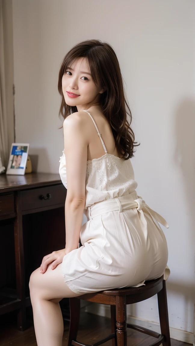 Beautiful Japanese Women、Beautiful Mature Woman、Classy sex appeal、sexy、Perfect Lighting、Beauty、Transparent beauty、8K High Resolution、Beauty in natural light、High resolution、Photorealistic、Masterpiece、Gravure quality、55-year-old Mrs.、smile、Back view、Plump figure、Business woman attire、On the sofa