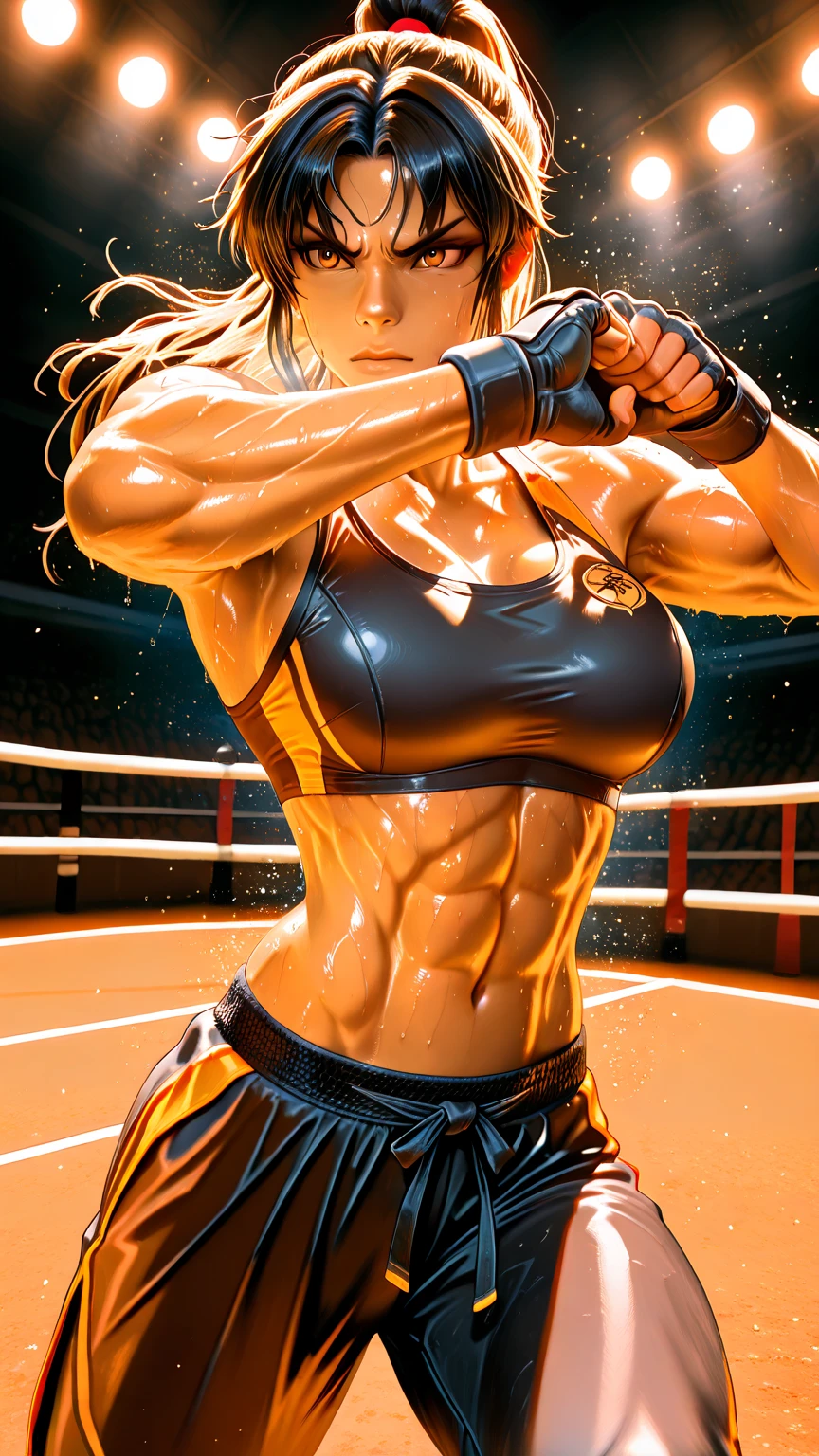((1 female, tanned skin, fit build, boxing wrappings, MMA, blonde hair tied up, brown eyes, dominant look, muscular but feminine legs, wearing white tank top and black shorts, 23 years old, high quality, detailed face))