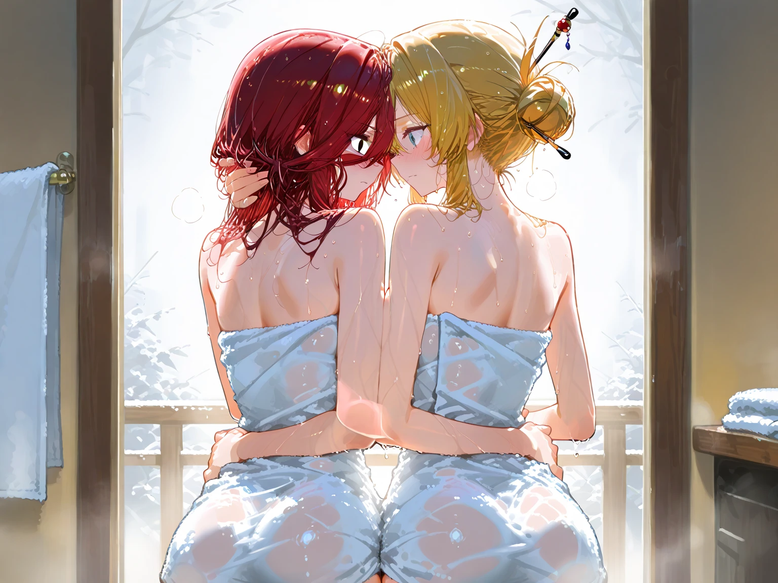 a pair of blonde and red-haired girls tongue kissing, wet and sloppy, thick juicy bodies in lacy panties, pair of girls hugging, with fox ears, green and blue eyes, huge butts, (best quality,4k,8k,highres,masterpiece:1.2),ultra-detailed,(realistic,photorealistic,photo-realistic:1.37),extremely detailed eyes and face,longeyelashes,dramatic lighting,vivid colors,fantasy,erotic
