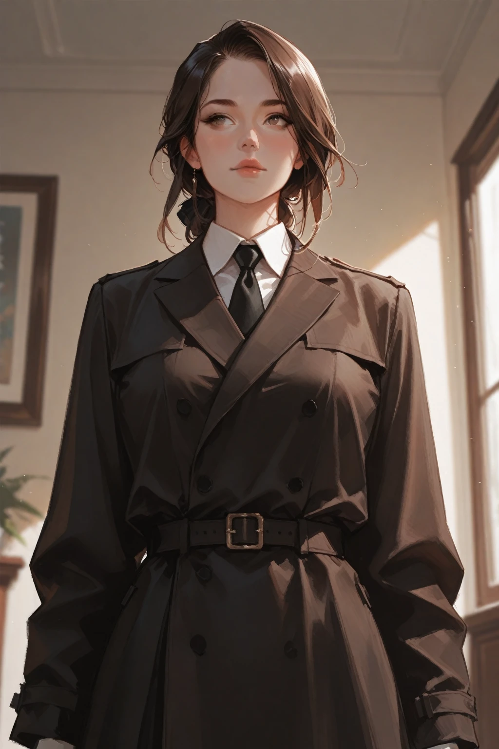 RAW, masterpiece, super fine photo with best quality, super high resolution, realistic, full body portrait, stunningly beautiful, dynamic pose, delicate face, vibrant eyes, 1 girl, red face, slightly open lips, wet body, full and symmetrical breasts, raised buttocks, tight green long trench coat, trench coat length to knees, two-breasted buttons, gold buttons, trench coat completely covering the body, black military cap, black gloves, dark brown long knee-length boots, wavy curls, tattoos, chest close-up, buttocks close-up, Multiple angles, black sky, dark background, dim lamp, dynamic angle, flowing, thighs up, graceful sitting, window, dim lighting, dark tone background, very detailed background, detailed face, detailed neat background, gorgeous, milky white, high detail skin, realistic skin details, visible pores, clear focus, volumetric fog, 8k UHD, DSLR, high quality, film grain, fair skin, realism, lomography, In the utopian metropolis of the future, as seen from below,