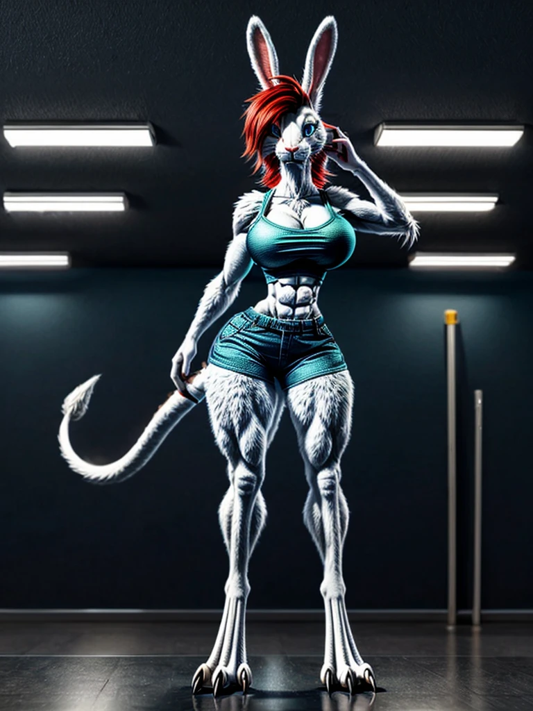 3 eyed red haired demon woman in white tanktop pulling up her pink cotton panties, realistic art style, detailed wrinkles