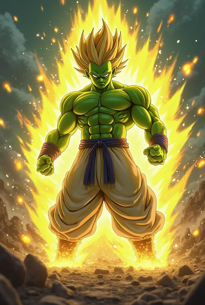 1man, super broly, dragon ball super, japanese manga, unleashed powers, green hairs, broly powers are unleashed, green lighting, cinematic art, 8K resolution