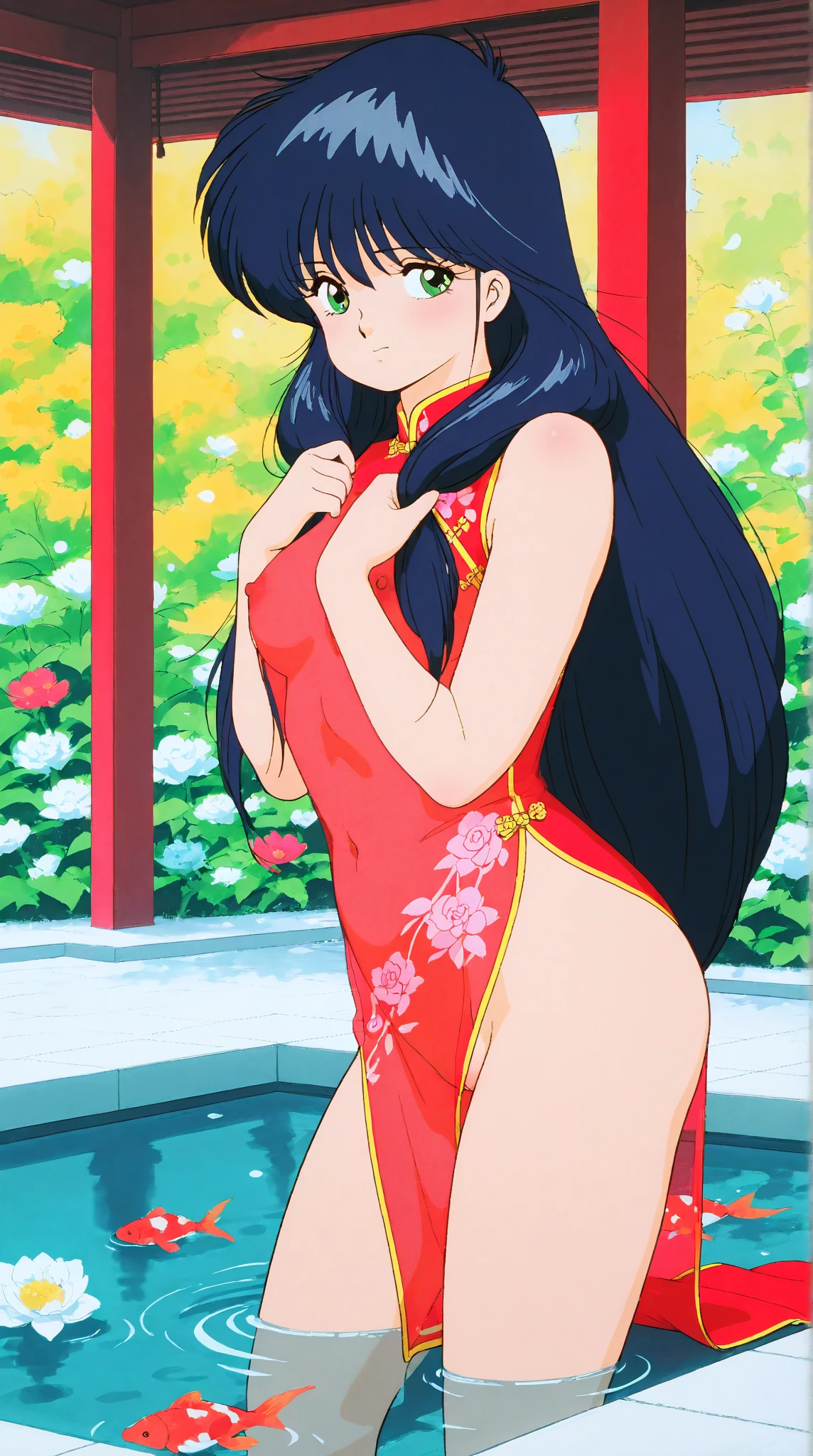 (masterpiece, best quality:1.1), 1girl, solo, (mulan:1.1), from disney's mulan, red and black, black hair, serious, firece, long hair, green flower dress, brown eyes, kneeling, arms behind head, armpits