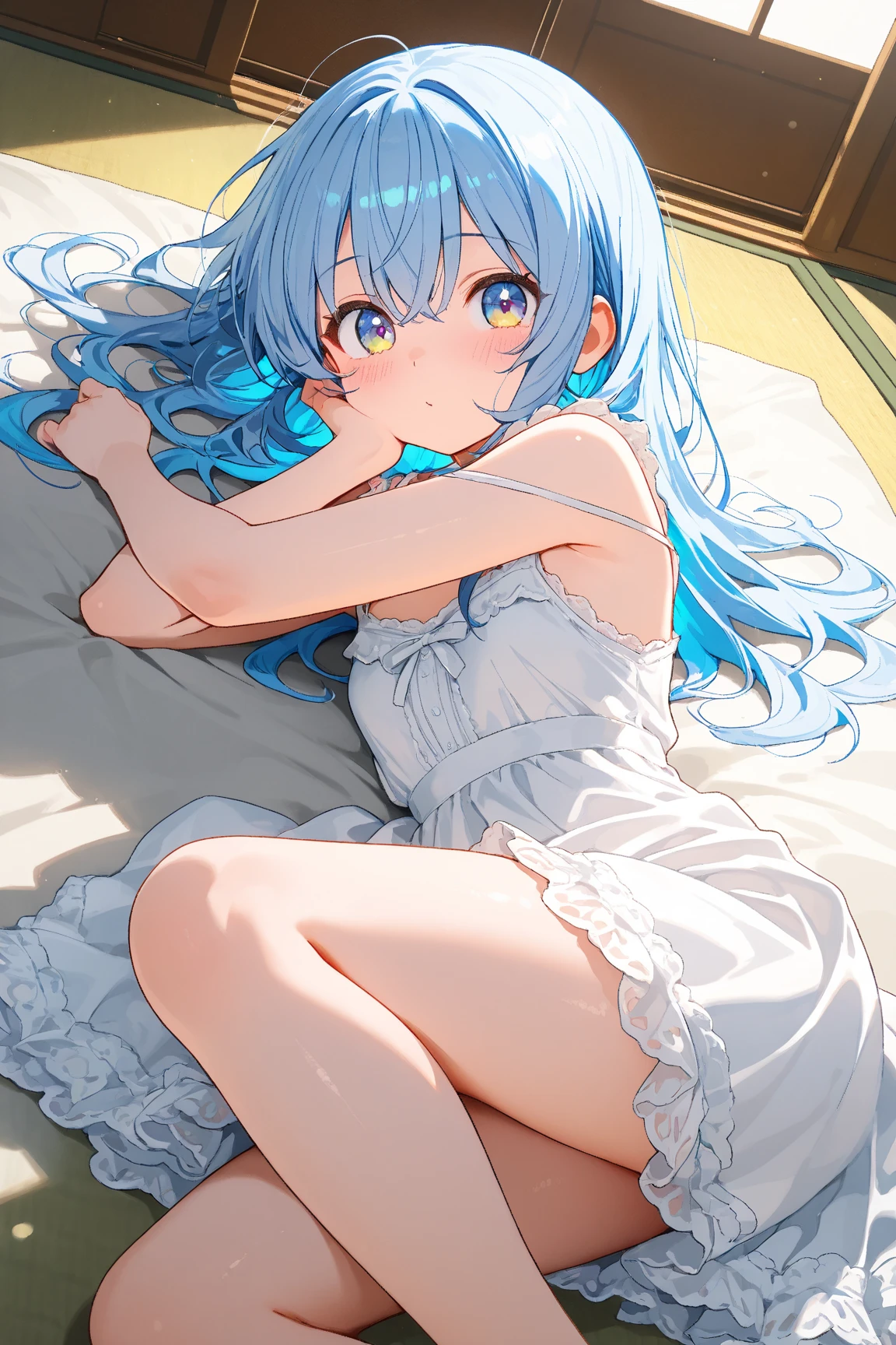 blue hair, blue eyes, long hair, ponytail,blush、Bedroom、masterpiece、first-class、perfect lit、by 1girl、BREAK Bedroom、BREAK while looking at the audience seats、Muscle growth、wrapping、sexy pose、Bewitching legs、solo、Medium chest、Light nightgown、transparent underwear、smile、solo、Lying down or、(blush:1.2)、valley