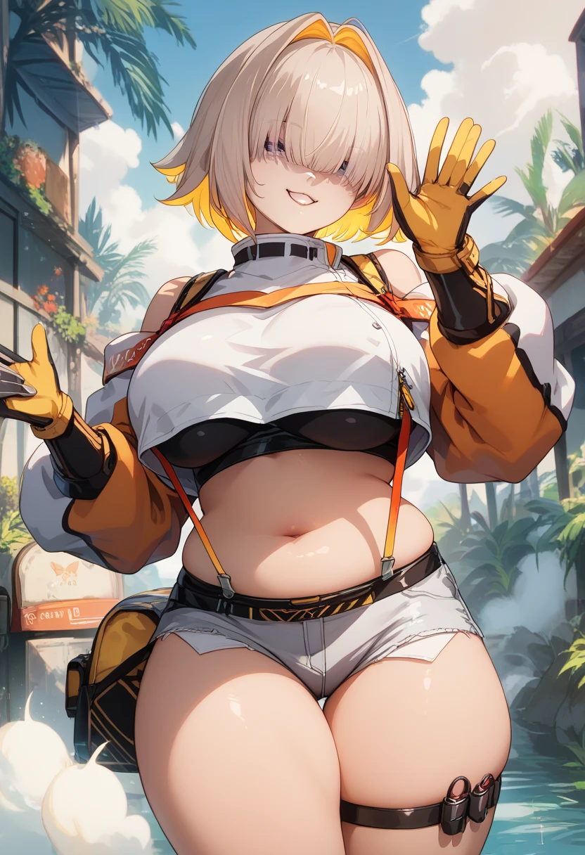 (((masterpiece))), ((highest quality)), (Very detailed), ((High resolution)), ((8k)), One Woman, Big Breasts, Twin tails, Drill Hair, (Golden Hair), Very cute woman, Short, , delicate, Focus on women, she, smile, 魅力的なsmile, blush, Best moment, low length, (Golden Eyes), Bright Eyes, Vivid eyes, Thighs, Waistline, Beautiful Skin, Cute face, delicateな腕, blush, whole body, Detailed skin texture, Intricate details, Very detailedな顔, Beautiful Eyes, Big Eyes, (Mami Tomoe), Swimwear, Pool at night, Beautiful legs, Sweat, Splash, belly button, Laughing with your mouth open, Belt around the legs, Hands on hips,