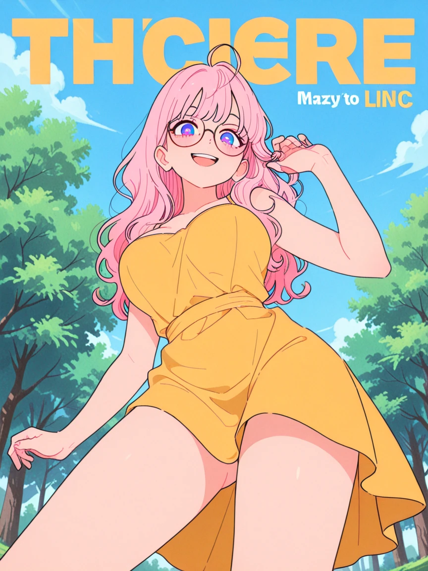 (masterpiece, best quality:1.2), cowboy shot, (solo):1.5, (1girl):1.5, glasses, long fluffy pink hair, gorgeous body, slight smile, (bikini clothes), under a beautiful palm on a windy beach, muscular abs, navel exposed, mid breasts.