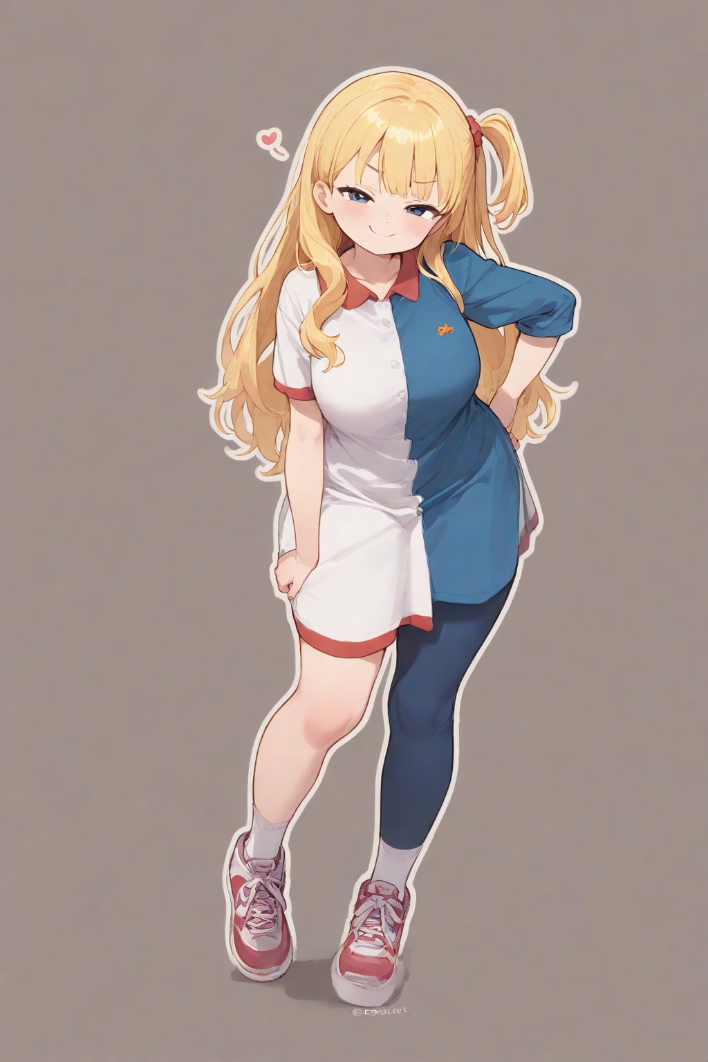 Best Quality, Masterpiece, Realistic, 23 year old, relaxed happy face, detailed character sheet, frontal view, side view, three quarter view, white background, long curly hair, blonde hair, blue eyes, huge breasts, red top, red white sport shorts, white socks, blue sport sneakers