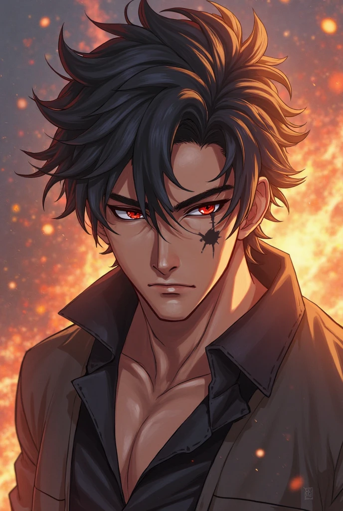 handsome, alone, 1 man, short hair, black hair, purple eyes, black shirt, black coat, Lots of power, lots of explosions, lots of scars.