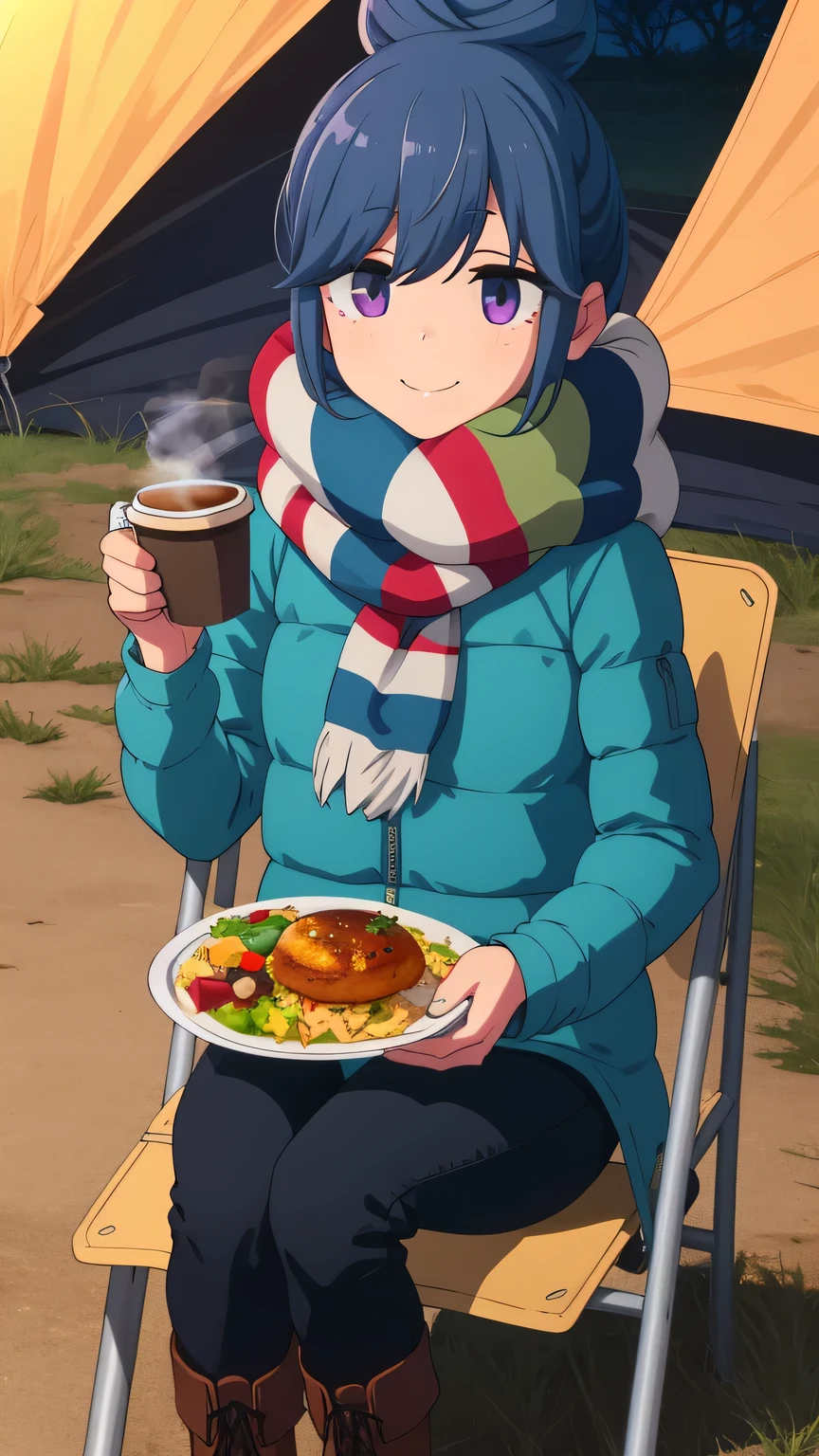 {{{masterpiece}}}, (best quality:1.5), (ultra-detailed:1.5), {illustration}, {{an extremely delicate and beautiful}}, (beautiful detailed eyes:1.6), absurdres, highres, extremely detailed face, 16k, hd, visual anime de uma jovem mulher, extremamente bonito rosto de anime, anime melhor garota, (perfect hands, perfect anatomy), (five fingers:1.1), anime face, shimarin (Yuru Camp), 1girl, solo, cute face, blue hair, single hair bun, bangs, round face, big eyes, (purple eyes:1.2), (High resolution eyes, Beautiful eyes, Light in the eyes), sidelocks, short of a person, medium breasts, big hips, curvaceous, BREAK, striped scarf, padded jacket(cyan jacket, blue jacket), multicolored clothes, long sleeve, black pants, boots, brown footwear, BREAK, cute face, outdoors, camp, (bonfire:0.8), chair, sitting in camping chair, smile, nature, tent, night, (meal:1.4), (coffee:1.3), steam from cooking