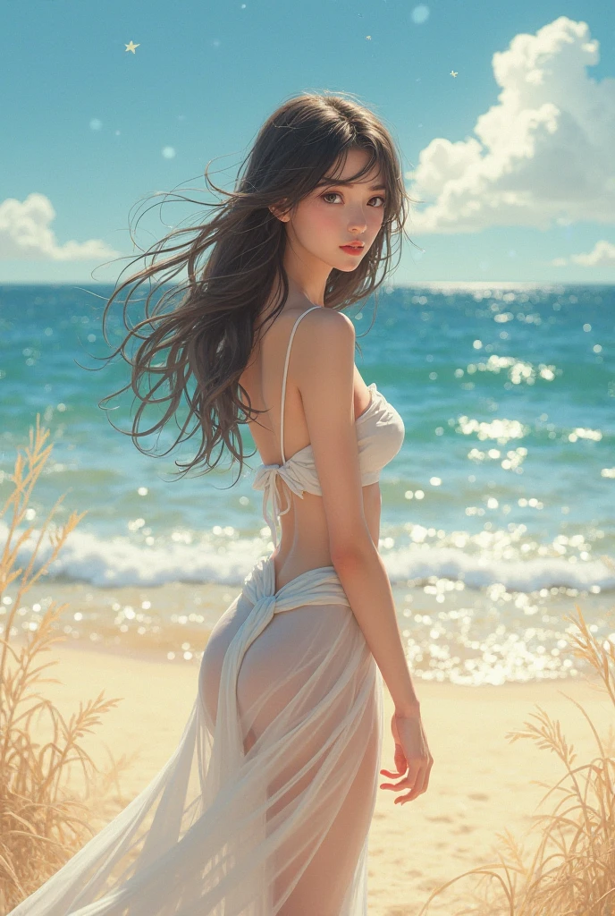 beautiful woman on the beach, wrapped skirt, Evening sunset,