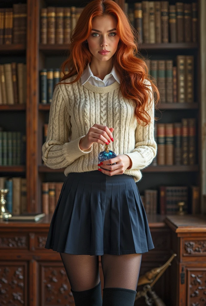 photorealistic full body image head to toe visible of a very beautiful woman with very wild and wavy red hair and c-cup breasts is in a library. She is a plaid skirt, a cream color cashmere sweater, and doc marten shoes. She is facing away from the camera. She is standing on her tiptoes trying to reach a book on the top shelf in a library. The camera is looking from the ground up. Her hair is wavy and wild. Her hair is red and wavy. Her hair is long wild and red. Her head is turned to face the camera with a sensual smile and lustful gaze.