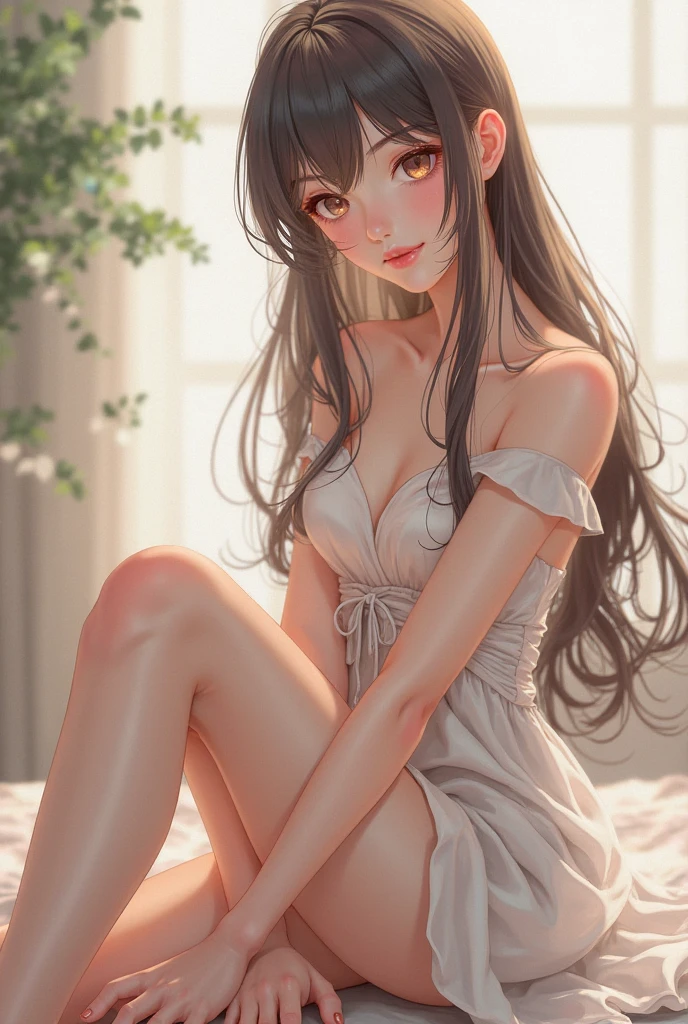 Best Quality,High resolution,8k,finelity detailed background,Masterpiece:1.2),beautiful girl,Shiny brown hair,asymmetrical hair,Brown eyes,Gentle look,A refreshing look,smile,Best quality,Best Quality,Aesthetic and aesthetic:1.2,Best details((Super detailed))(High-definition CG illustrations),fluffy towel dress,bath towel,Slender body,night,moon,Bedroom,On the bed,smile,blush,cute,Scrounge,Looking up,Being spoiled,super model,wariza,shoot from,above
