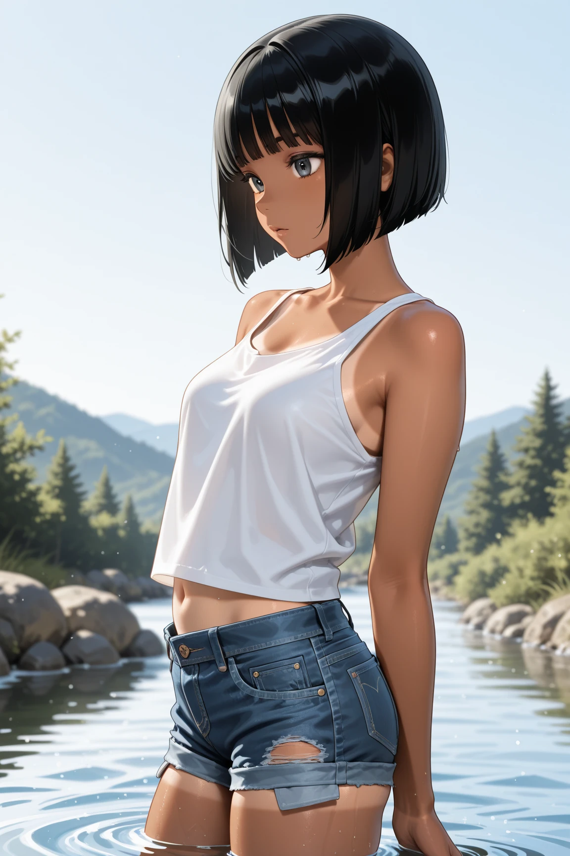 Japanese, mature woman, milf, black hair, short hair, farmer outfit, small body, thin waist, thin legs, skinny legs, slim body, small breasts, saggy breasts, sunny day, rice plantation, cinematic lighting, sweaty body , freckles on cheeks, wrinkles